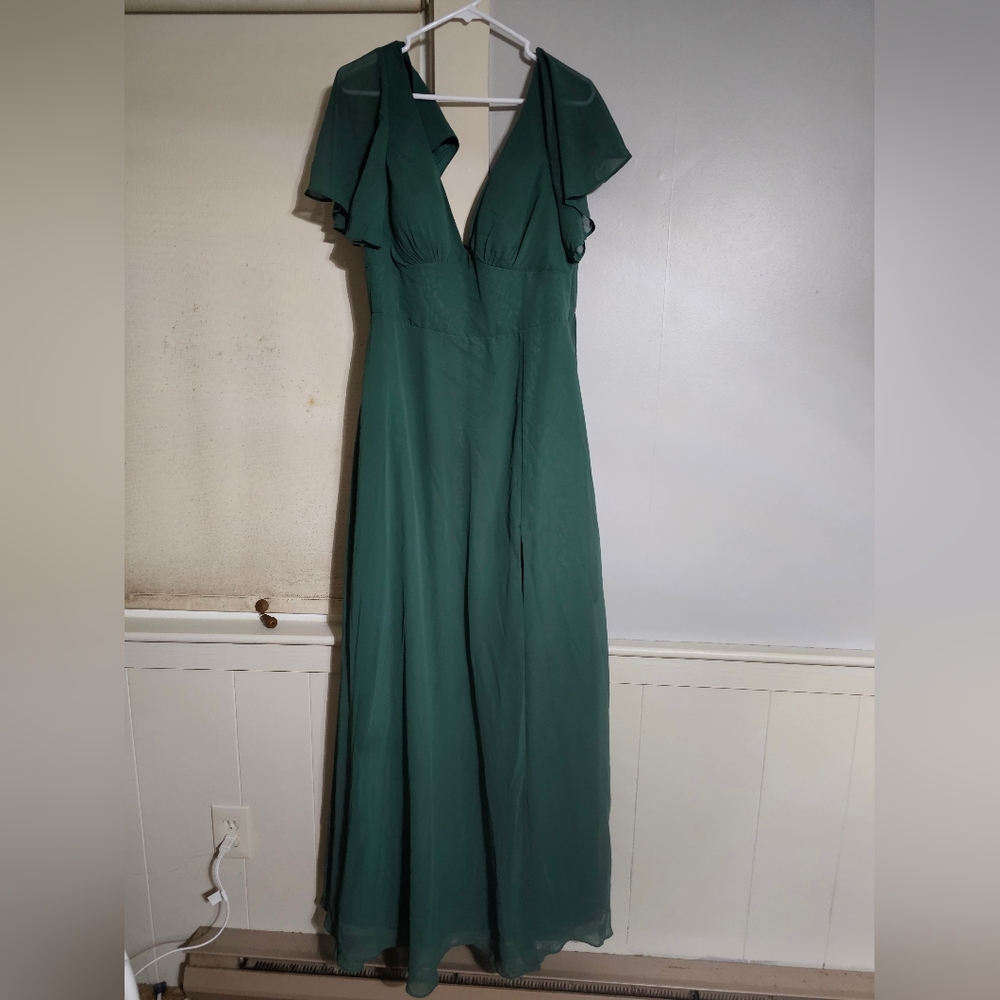 AZAZIE KIMBERA-Line Flounce Sleeve Chiffon Floor-Length Dress Dark Green